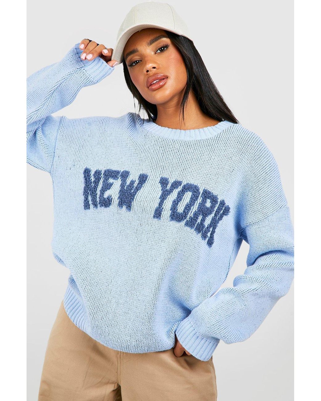 Boohoo Textured New York Slogan Jumper in Blue Lyst