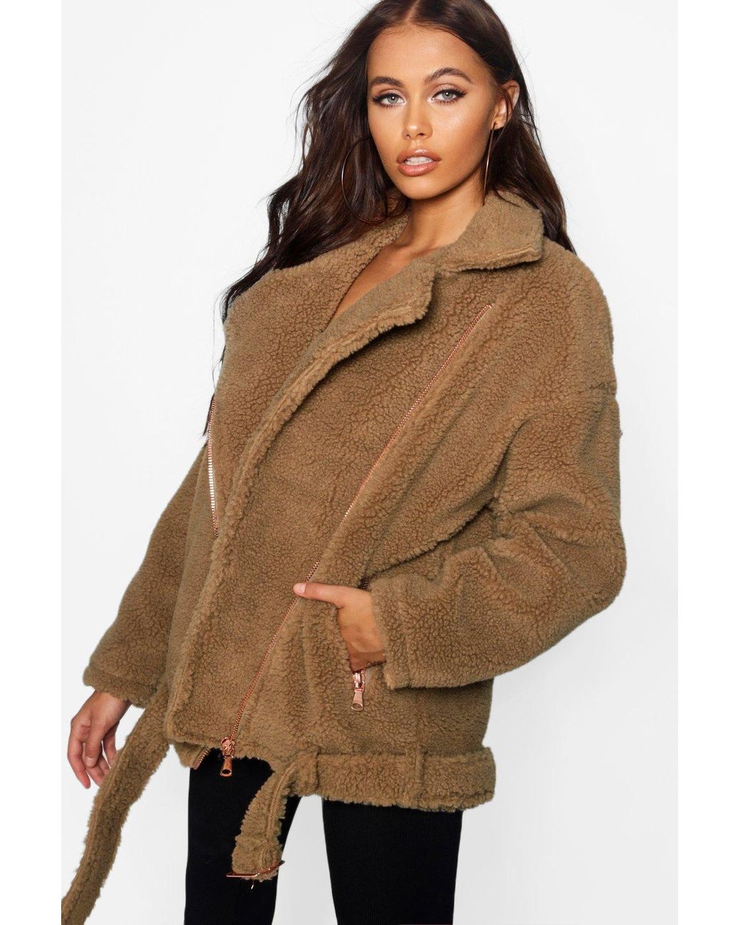 Boohoo Womens Teddy Faux Fur Biker Jacket in Brown Lyst