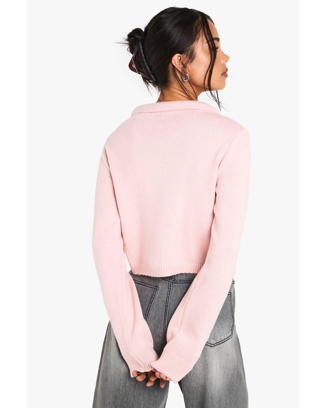 Boohoo Pink Collared Button Through Knit Cardigan