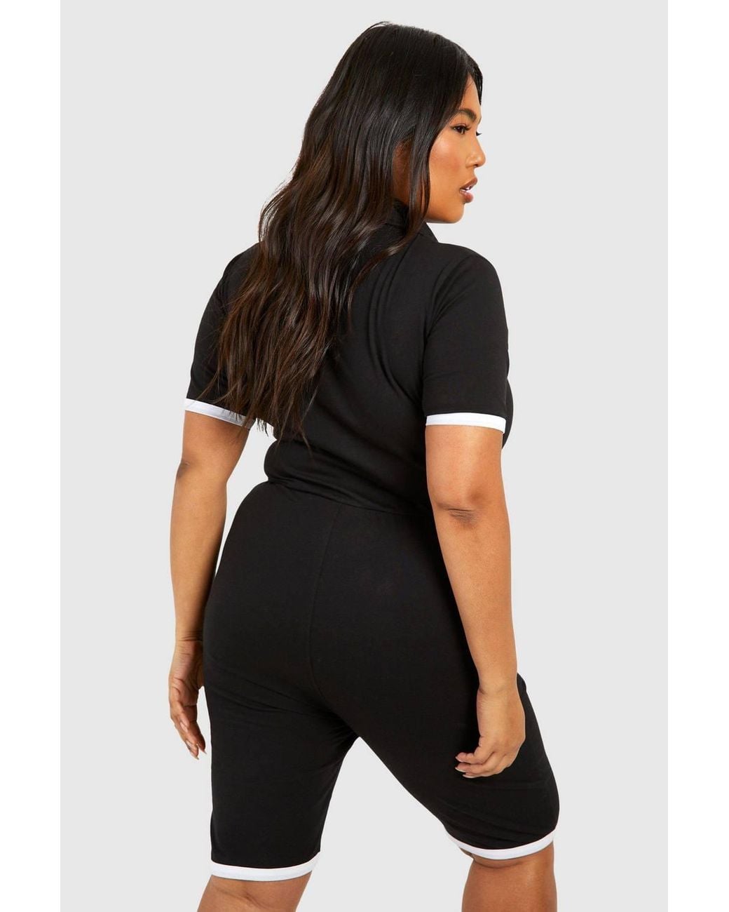 Boohoo Black Plus Contrast Button Down Cotton Playsuit