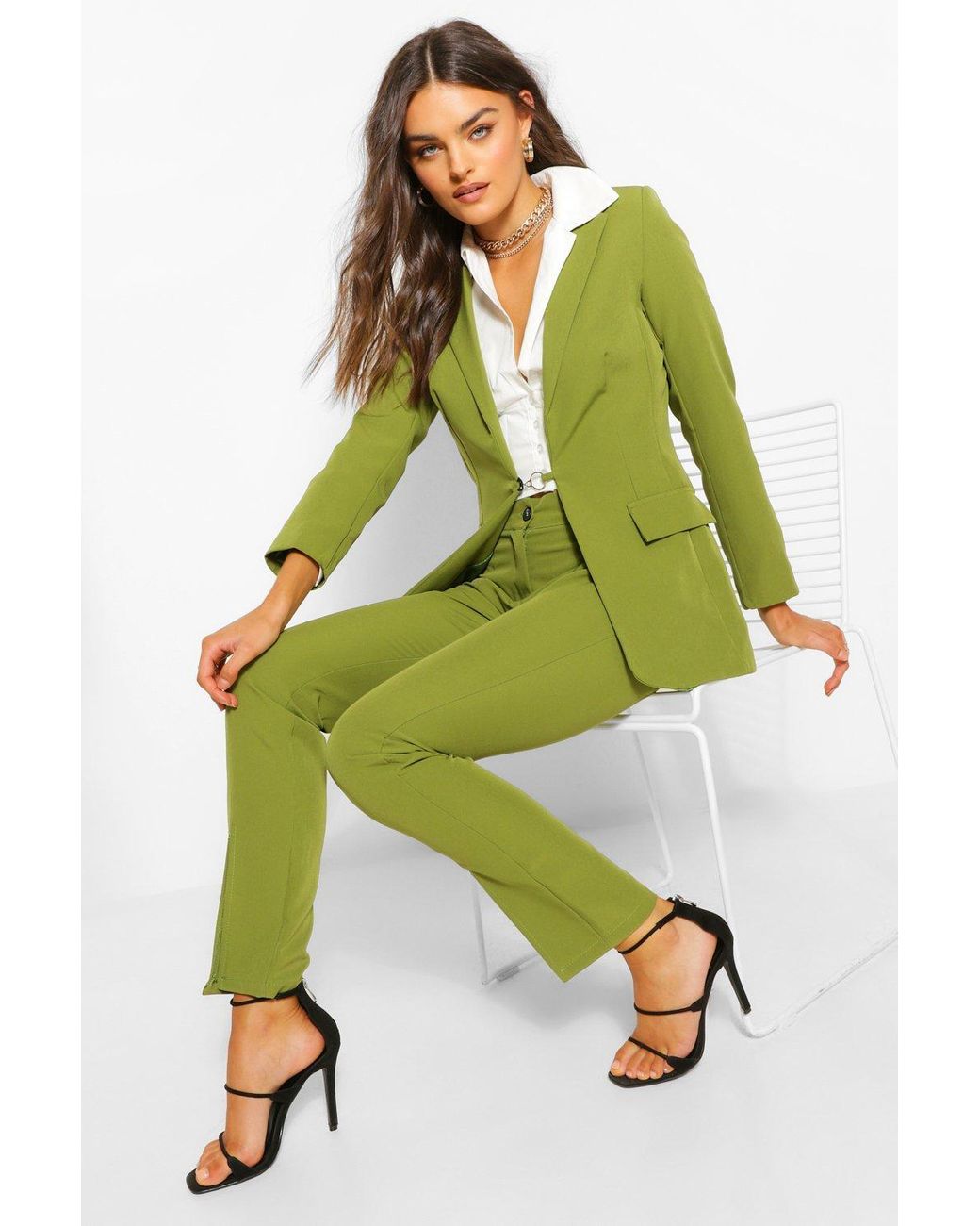Boohoo Denim Tailored Split Front Skinny Pants in Green - Lyst