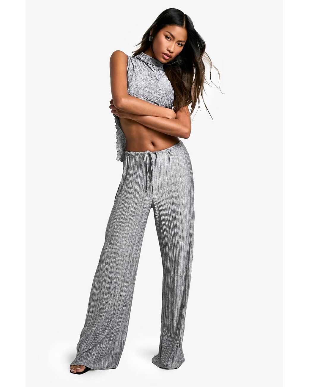 Boohoo White Crinkle Marl Drawstring Trouser