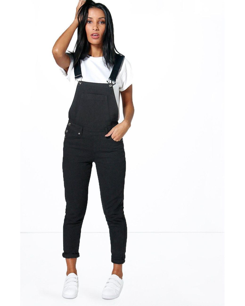 Boohoo Petite Denim Overalls in Black 