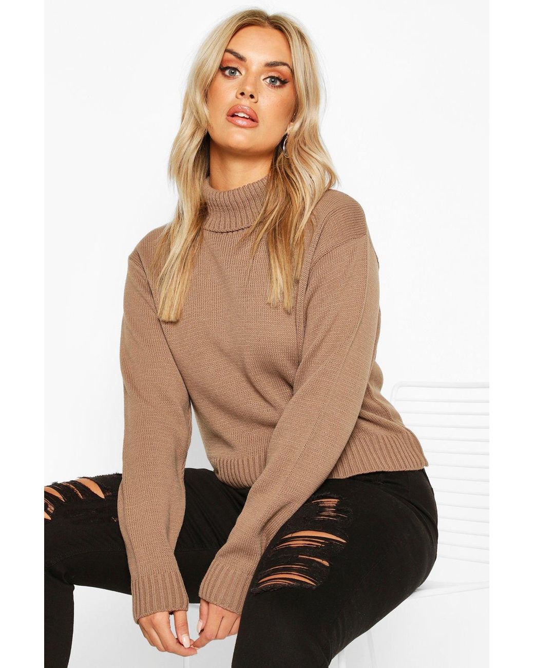 Boohoo Plus Turtleneck Crop Sweater in Beige (Natural) - Lyst