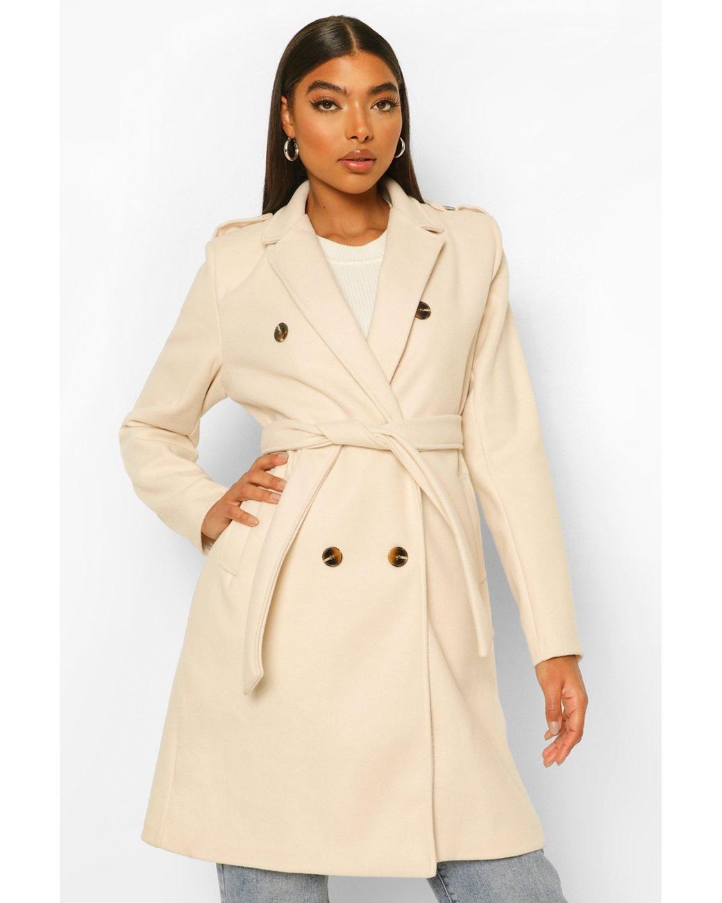 Boohoo Tall Belted Wool Look Coat in Cream (Natural) - Lyst