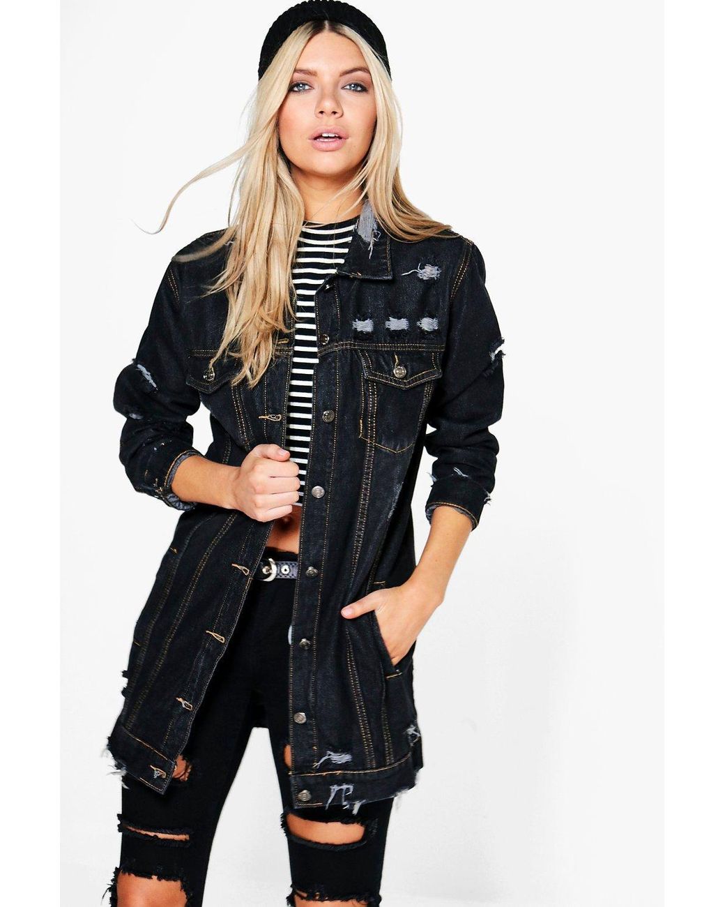 black longline distressed denim jacket