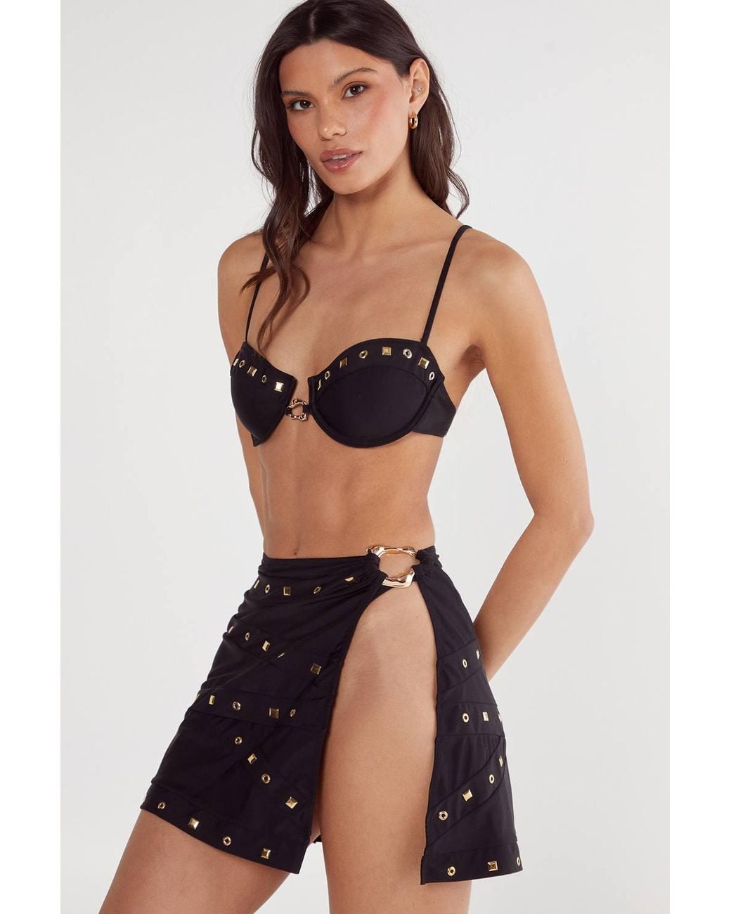 Nasty Gal Black Ring Studded Underwire 3Pc Bikini Set