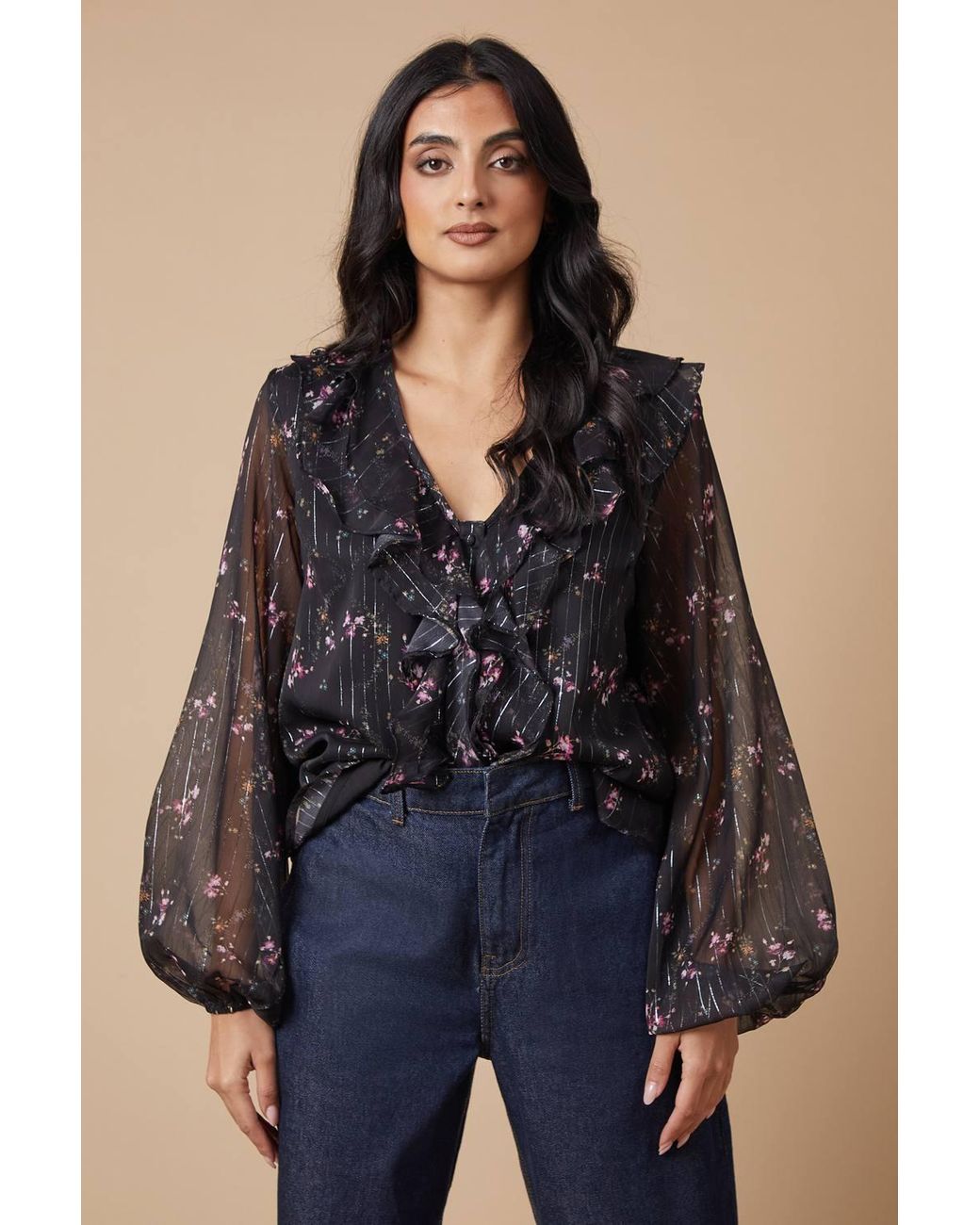 Oasis Ruffle Blouse Oasis Floral Metallic Chiffon Ruffle Blouse in Blue | Lyst