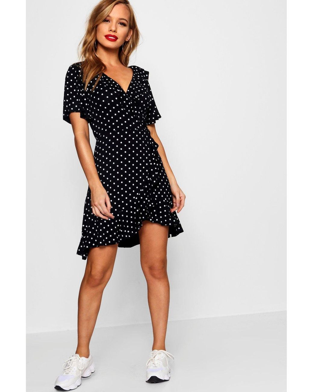 polka dot wrap front ruffle tea dress