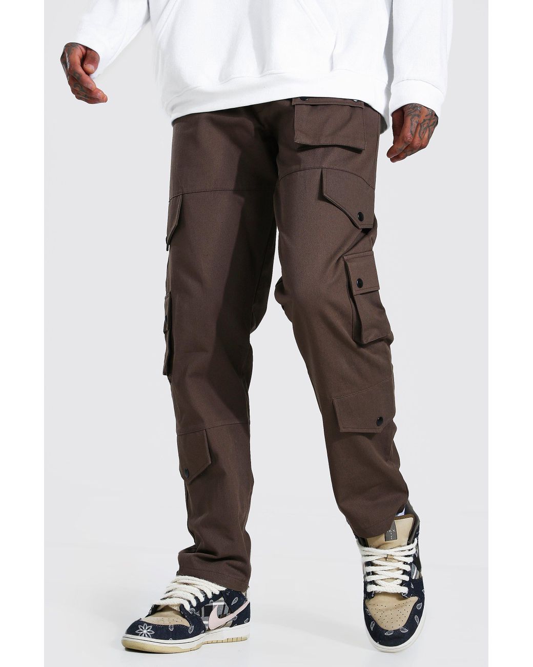 BoohooMAN Fixed Waistband Relaxed Fit Cargo Trousers in Brown for Men | Lyst