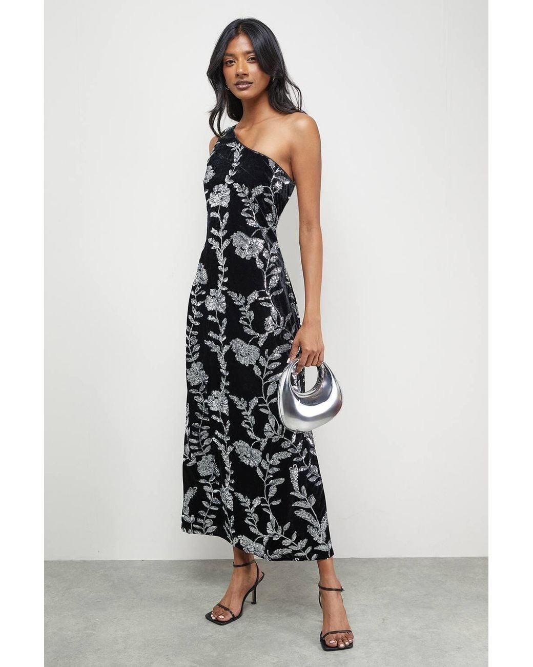 Warehouse Velvet Sequin One Shoulder Midi Dress in White | Lyst