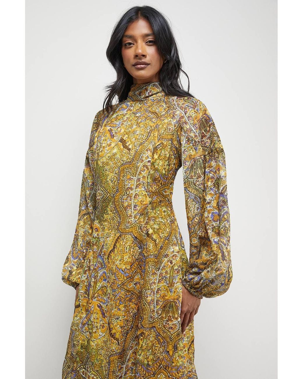 Warehouse Metallic Paisley Burnout Spot High Neck Godet Midi Dress
