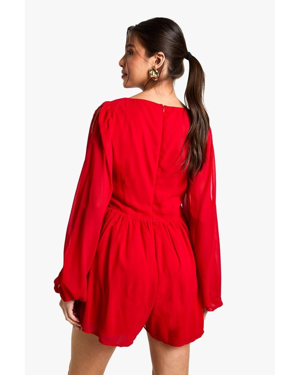 Boohoo Red Chiffon Split Sleeve Playsuit