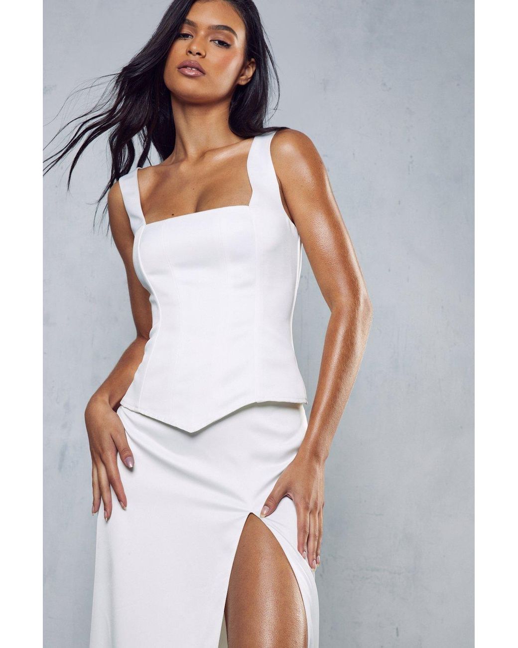 Boohoo Premium Satin Structured Boned Corset Top in White | Lyst UK