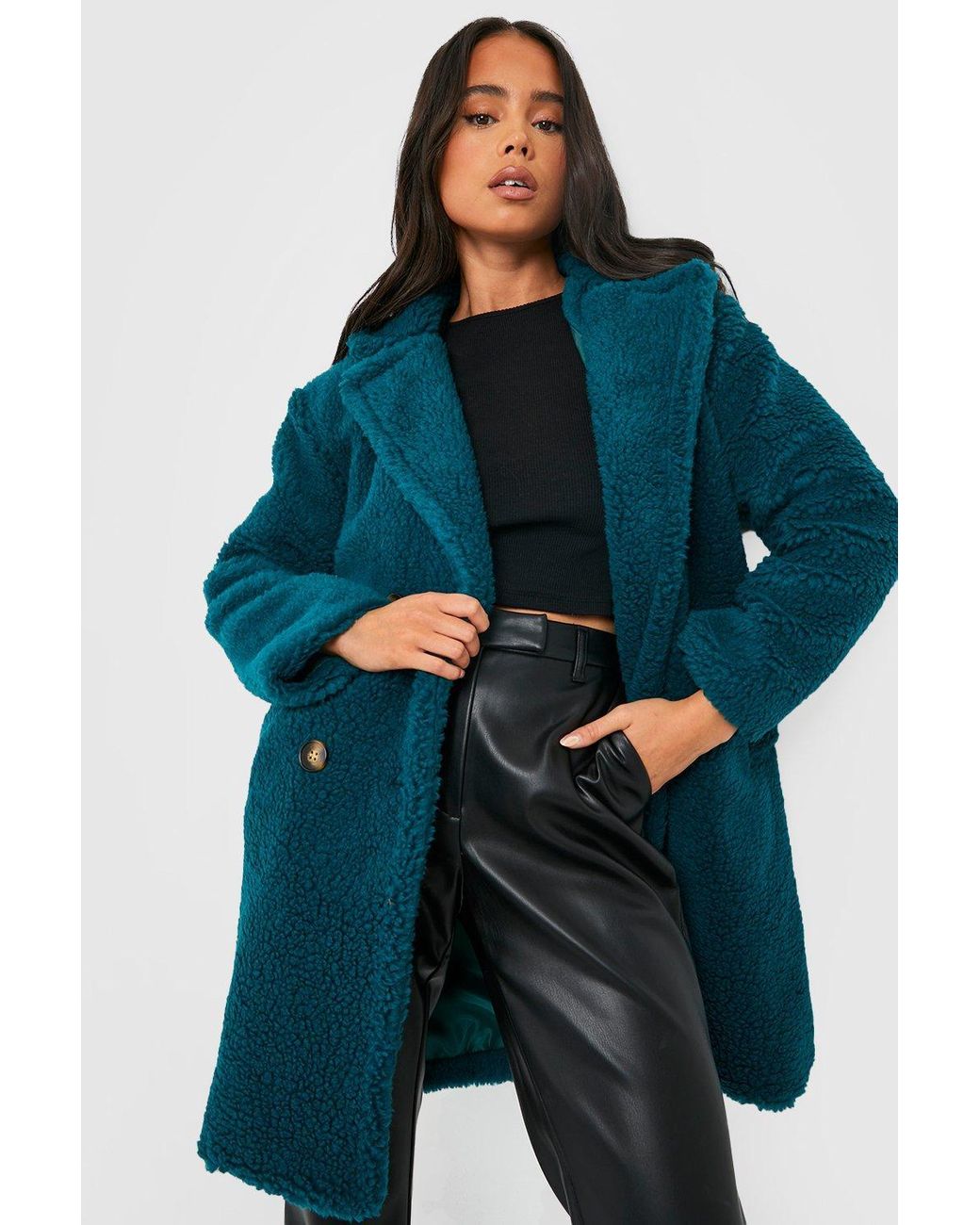 Boohoo Petite Double Breasted Teddy Fur Coat in Blue | Lyst