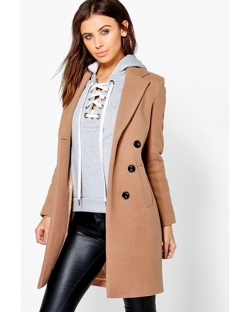 Boohoo Petite Fatih Double Breasted Camel Duster Coat in Natural | Lyst