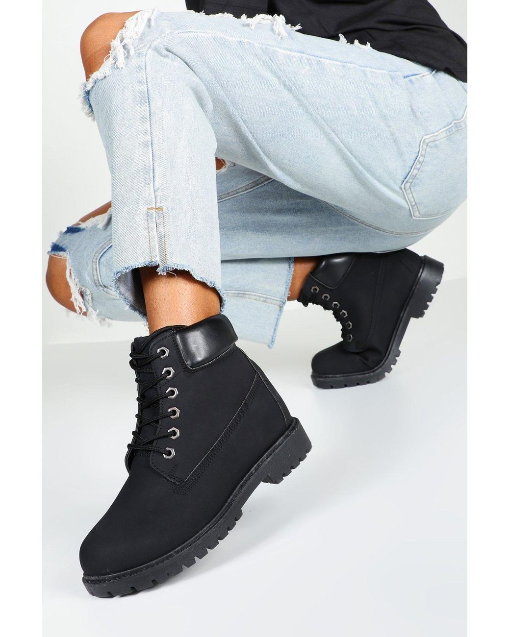 Wide Width Chunky Combat Boots in Black 