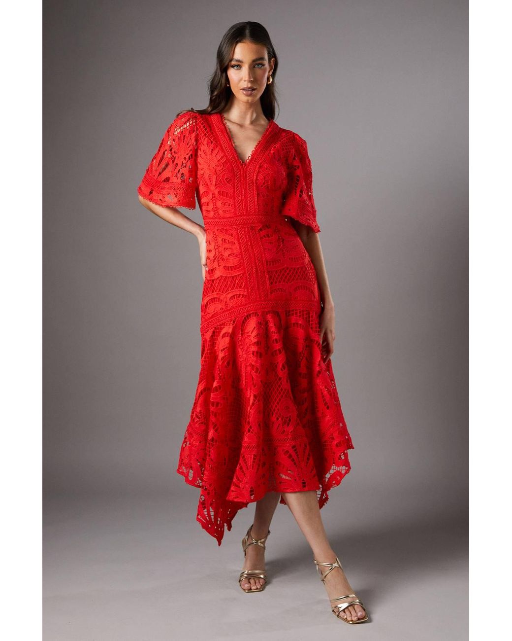 chinese dress ladies COAST DARK RED MERLOT LACE 3/4 BELL SLEEVE PENCIL DRESS SIZE 18 – Whispers  Dress Agency main image 1