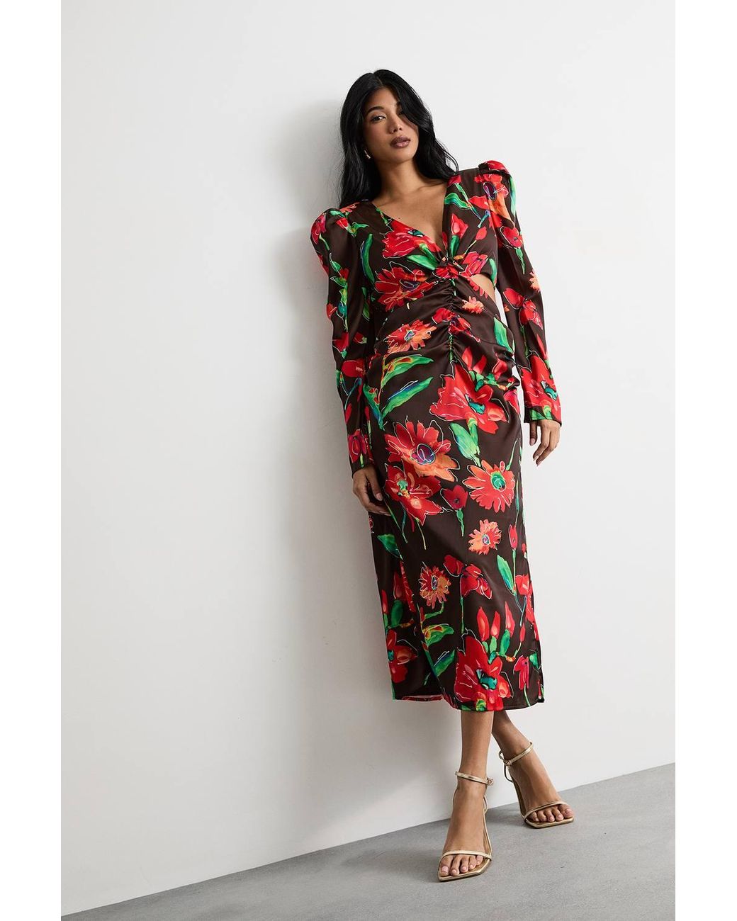 Warehouse Red Satin Cut Out Waist Plunge Neck Midi Dress