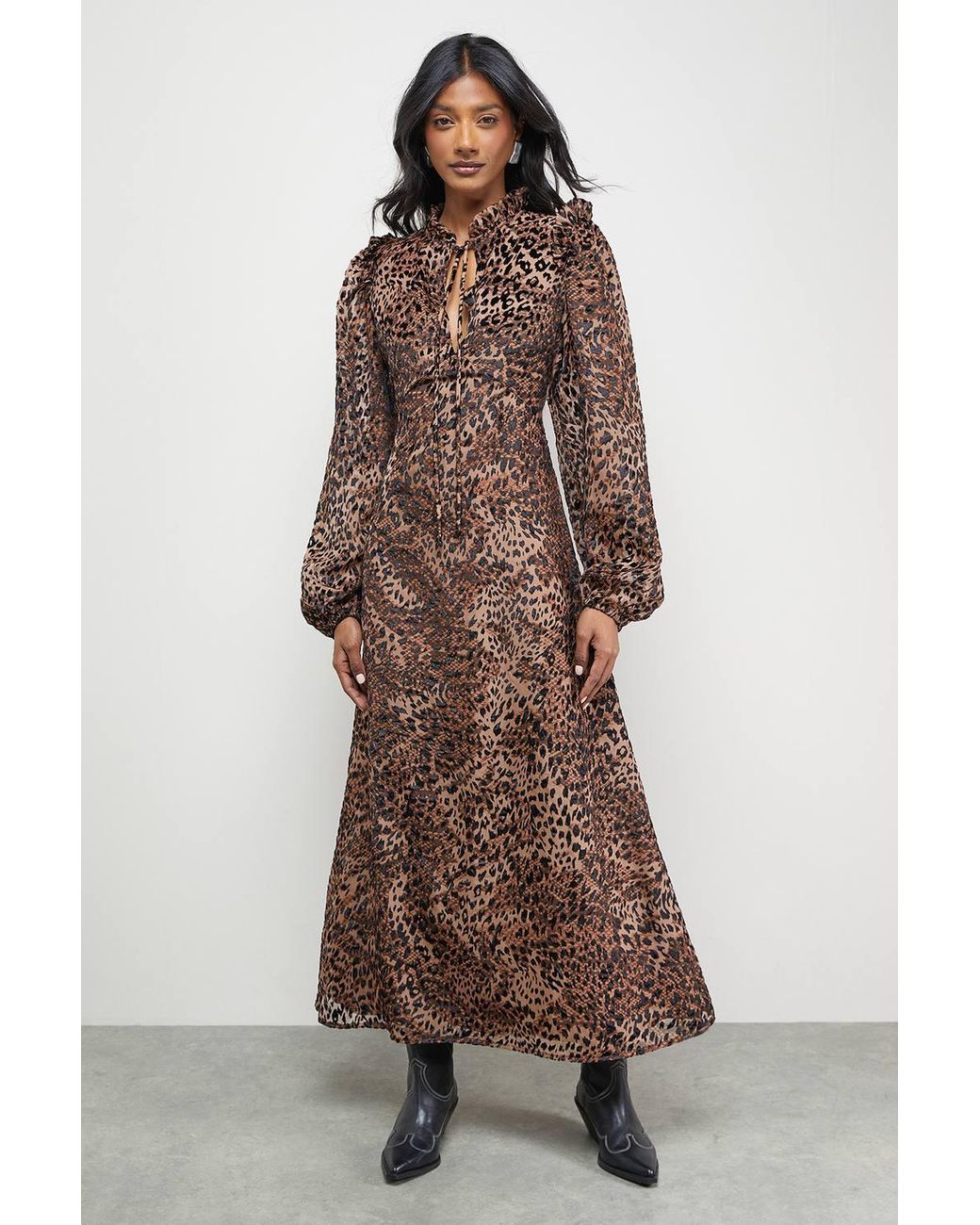 Warehouse Brown Burnout Velvet Frill Shoulder Tie Front Midi Dress