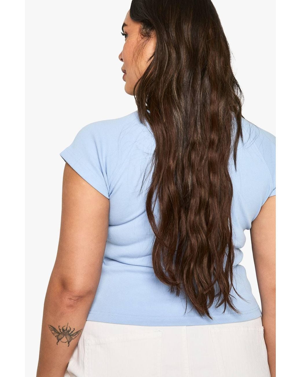 Boohoo Blue Plus Rib Button Through Cap Sleeve Top