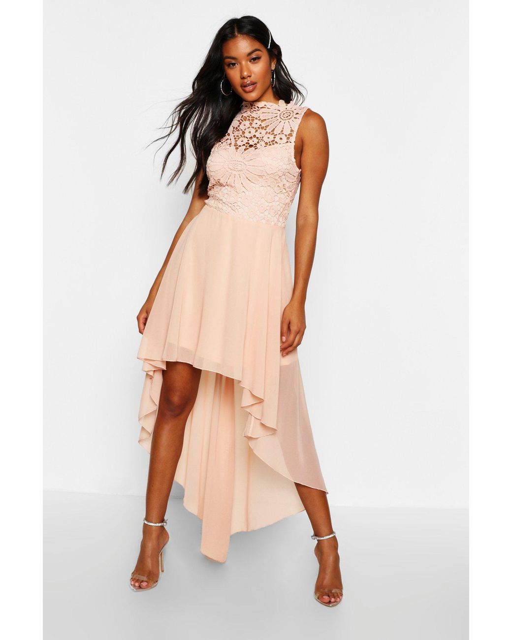 boutique lace top chiffon dip hem dress