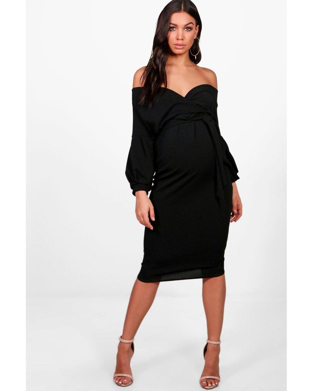maternity off the shoulder wrap midi dress