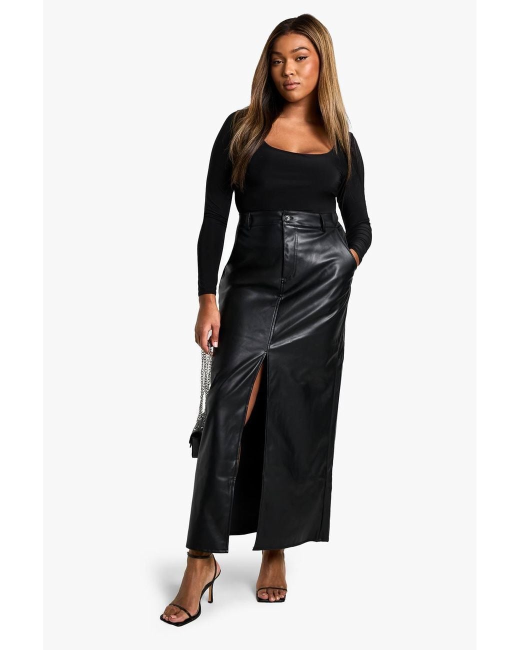 Boohoo Black Plus Pu Split Front Maxi Skirt