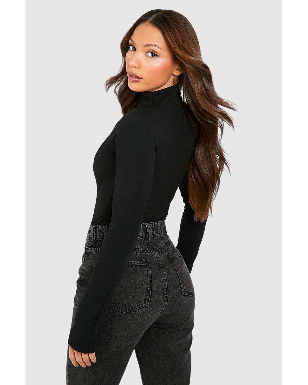 Buy Boohoo Tall Soft Ribbed Funnel Neck Long Sleeves Bodysuit Top In Black