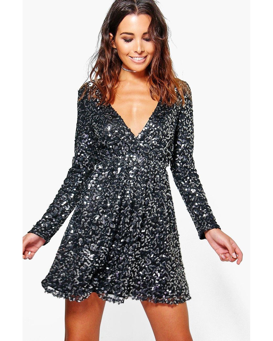 Boohoo Boutique Sequin Wrap Skater Dress in Black | Lyst