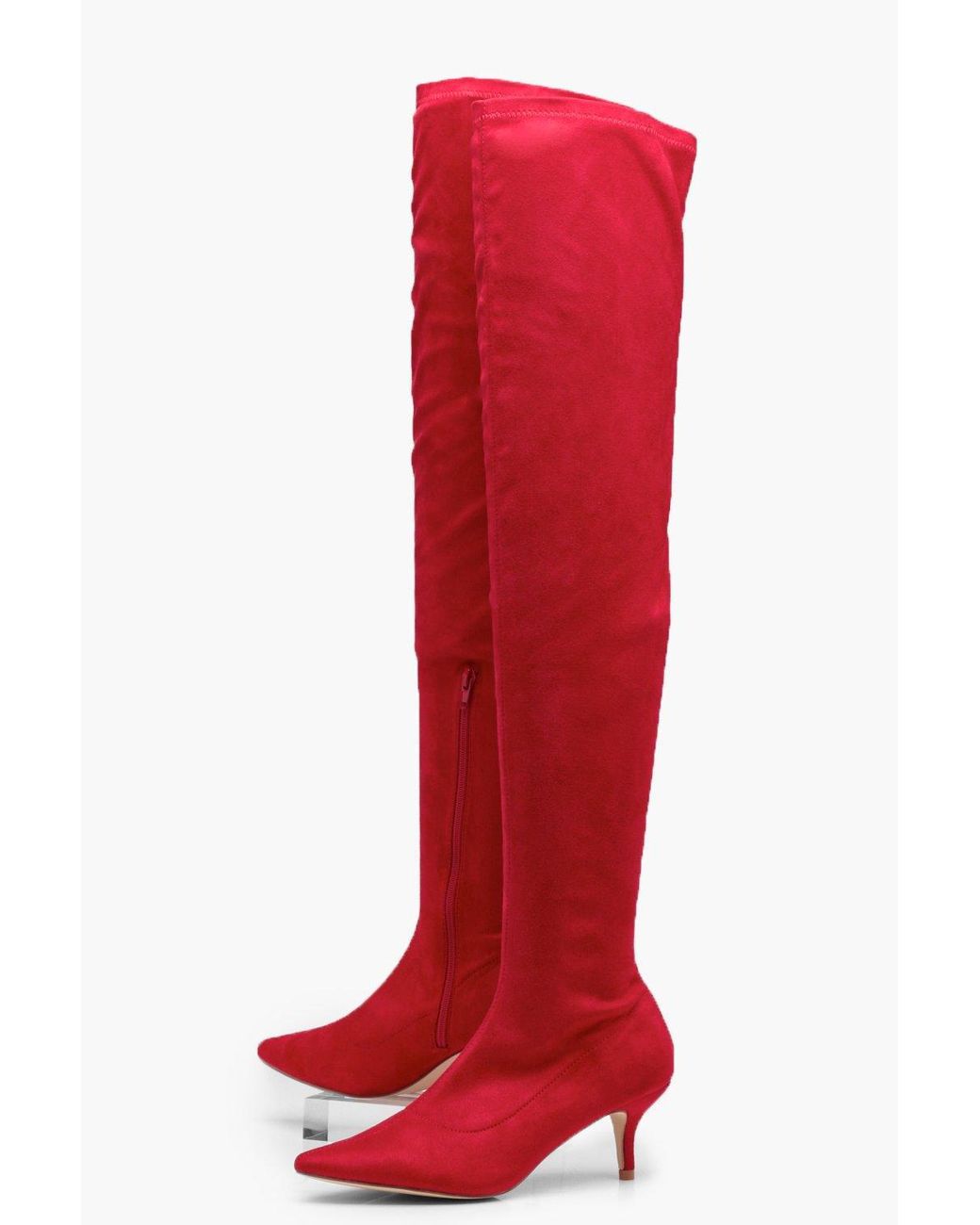 Boohoo Jessica Pointed Kitten Heel Over The Knee Boot in Red | Lyst