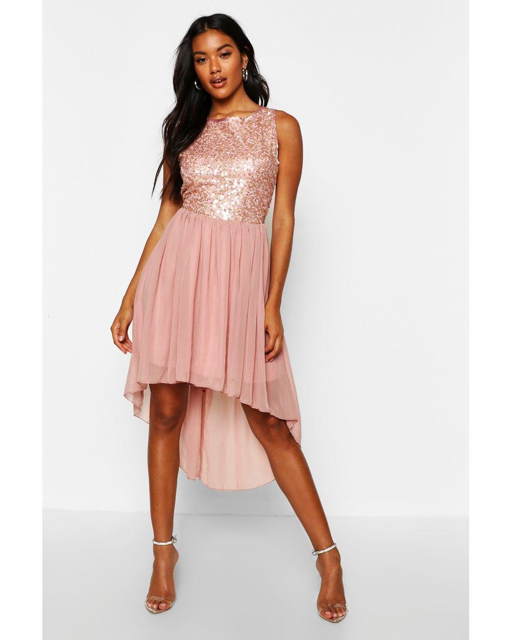 boutique lace top chiffon dip hem dress
