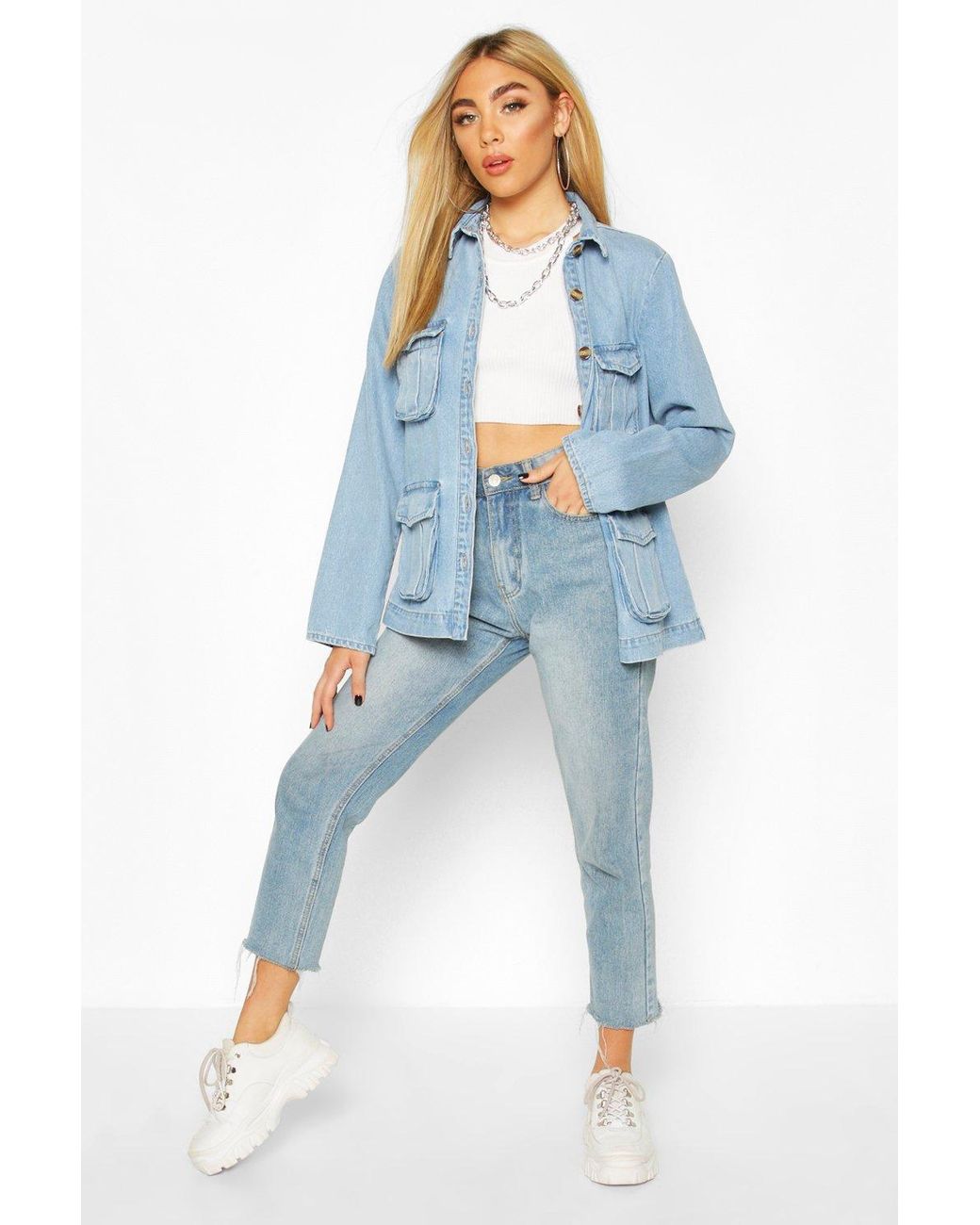 Download Boohoo Womens Mock Horn Button Utility Pocket Jean Jacket in Blue - Lyst