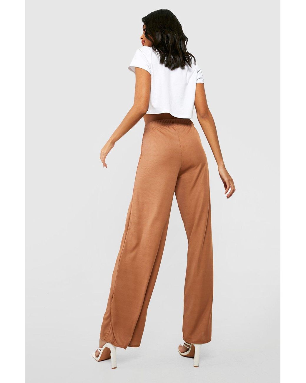 Boohoo Basic Ribbed High Waisted Split Hem Pants in White | Lyst