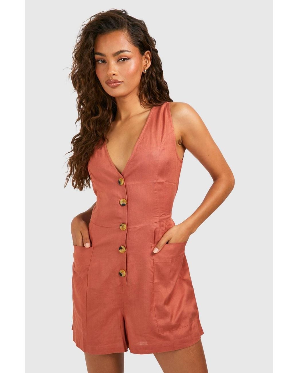 Boohoo Red Linen Look Button Front Romper