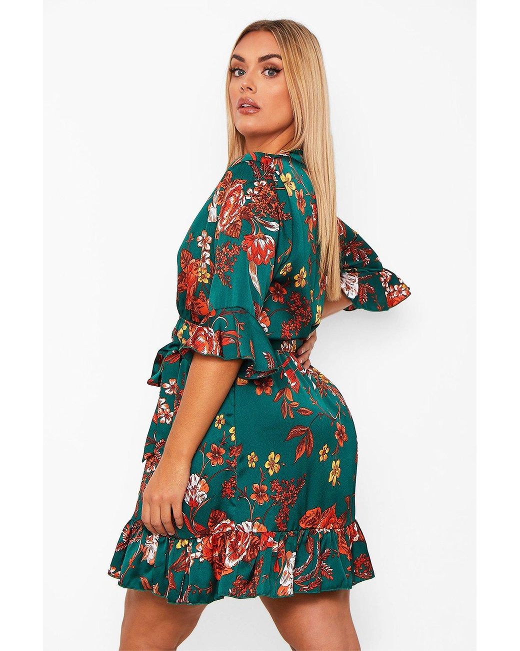 Boohoo Plus Floral Wrap Belted Dress in ...