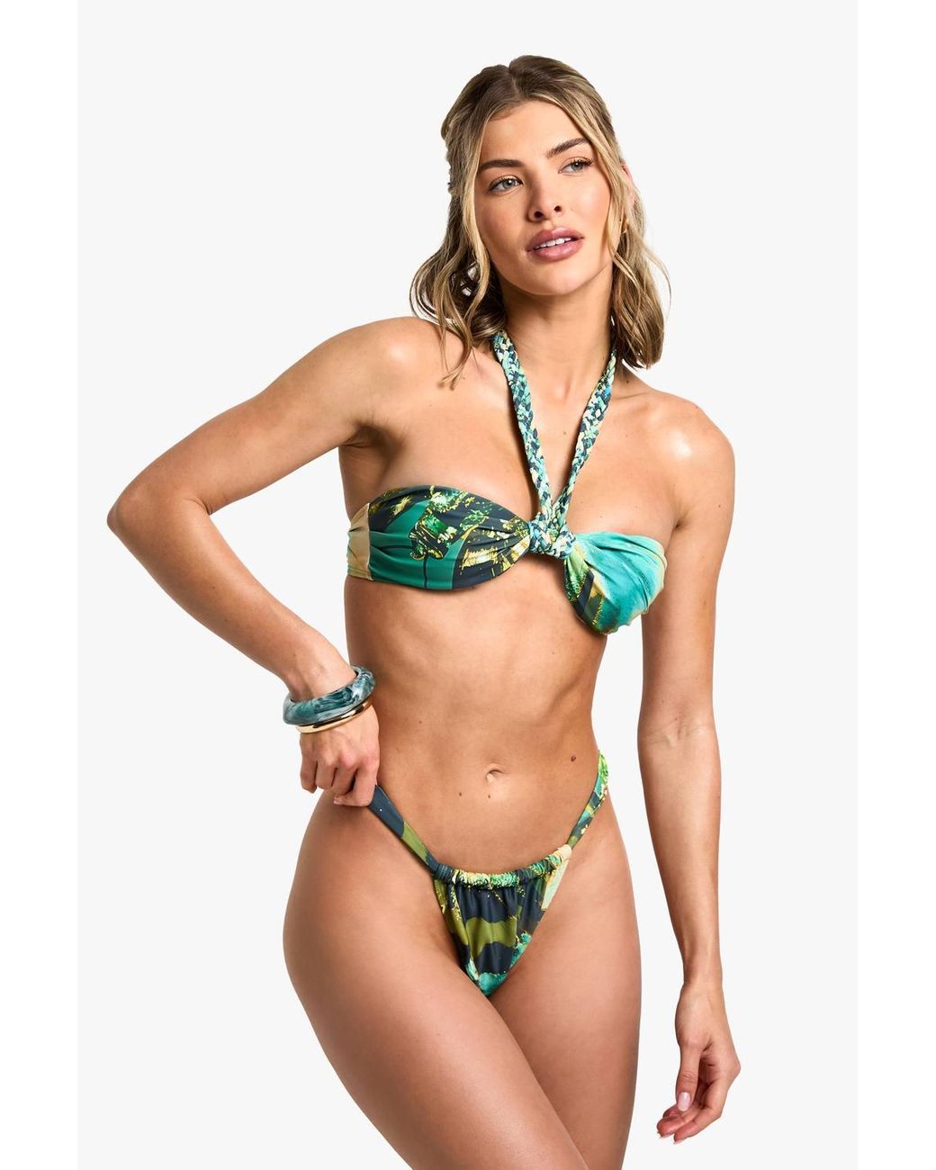 Boohoo Multicolor Abstract Print Halterneck Bikini Top & Tanga Bikini Bottoms Set