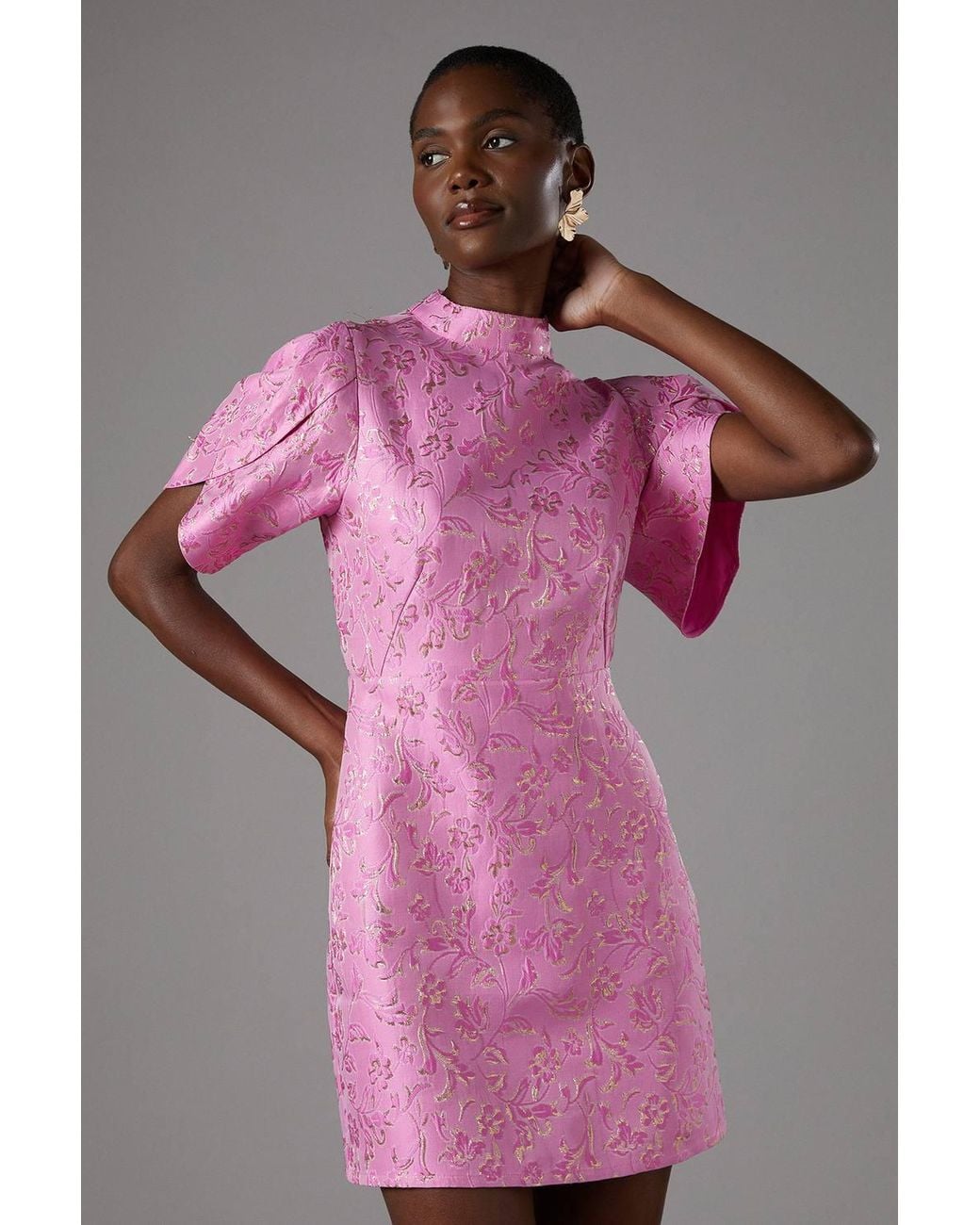 Coast Metallic Puff Sleeve Jacquard Mini Dress in Pink | Lyst