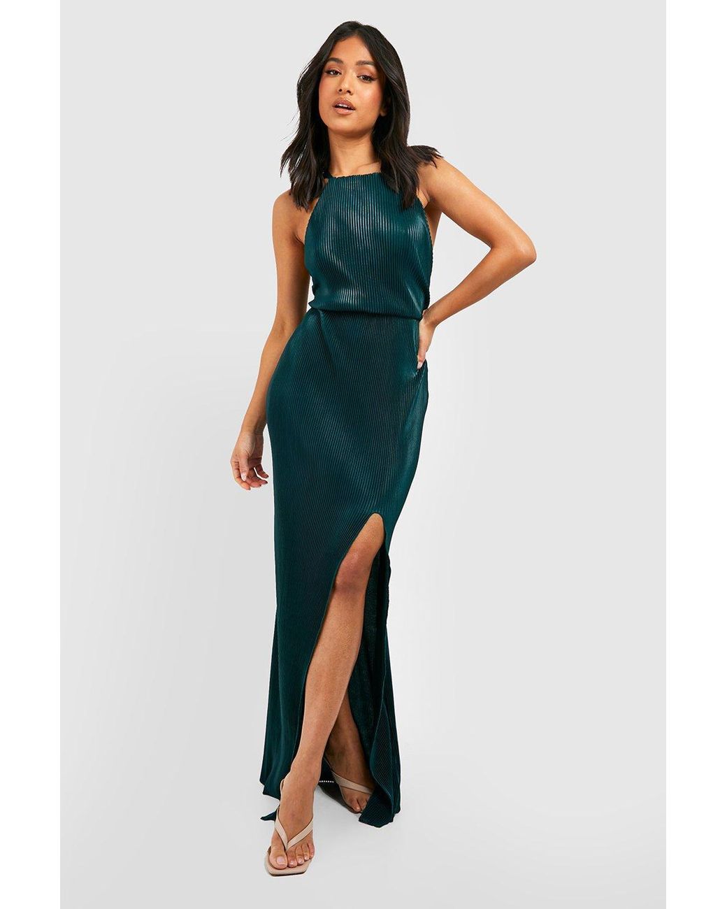 Boohoo Petite Pleated Thigh Split Maxi Dress in Green | Lyst