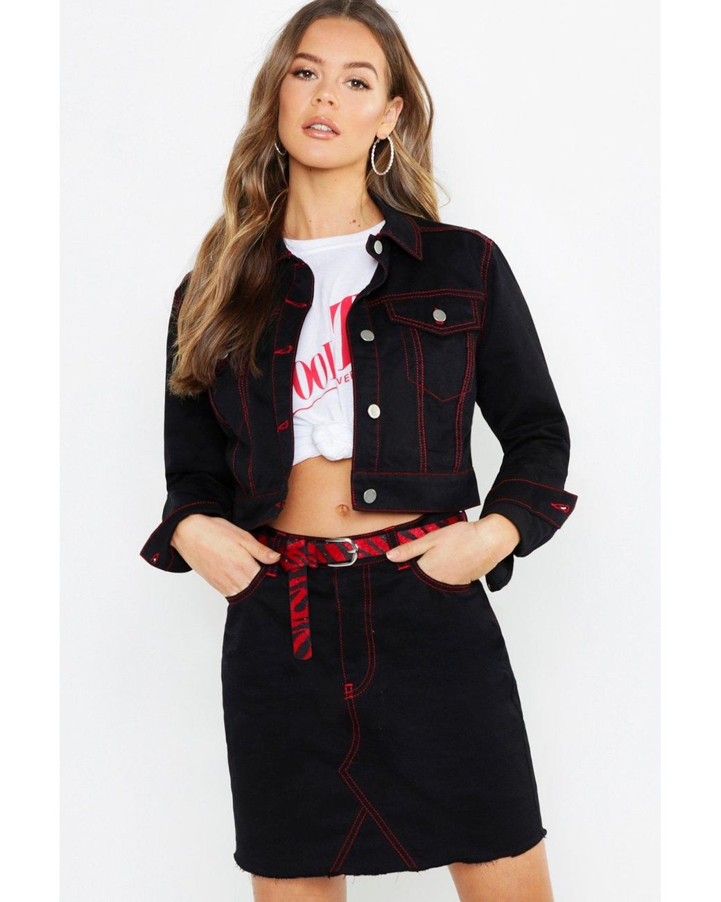 Red Neon Contrast Stitch Denim Jacket 