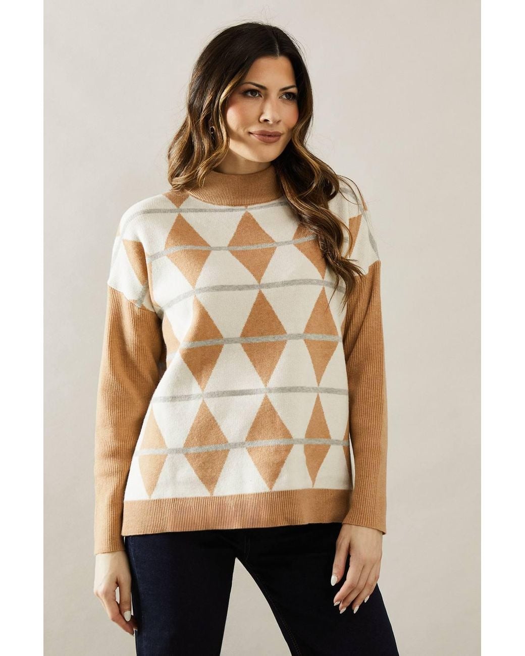 Wallis Natural Diamond Pattern Roll Neck Sweater
