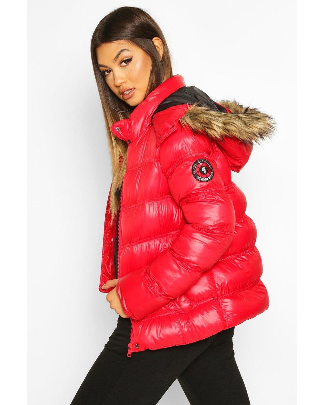 shiny padded coat with fur hood