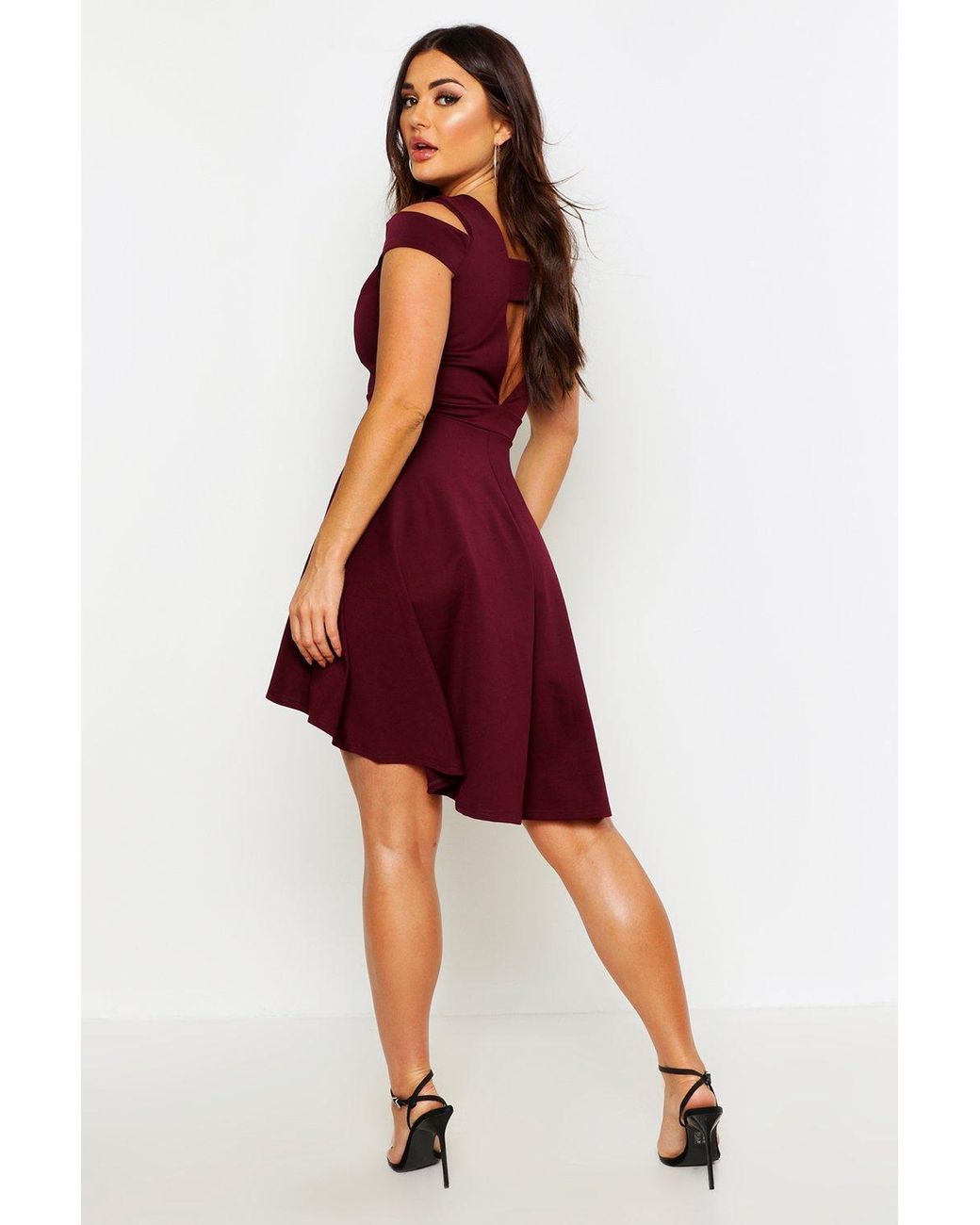 bardot plunge high low skater dress