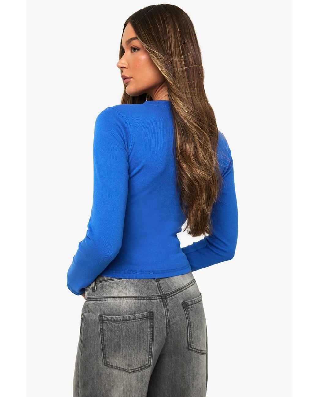 Boohoo Blue Rib Button Through Long Sleeve Top