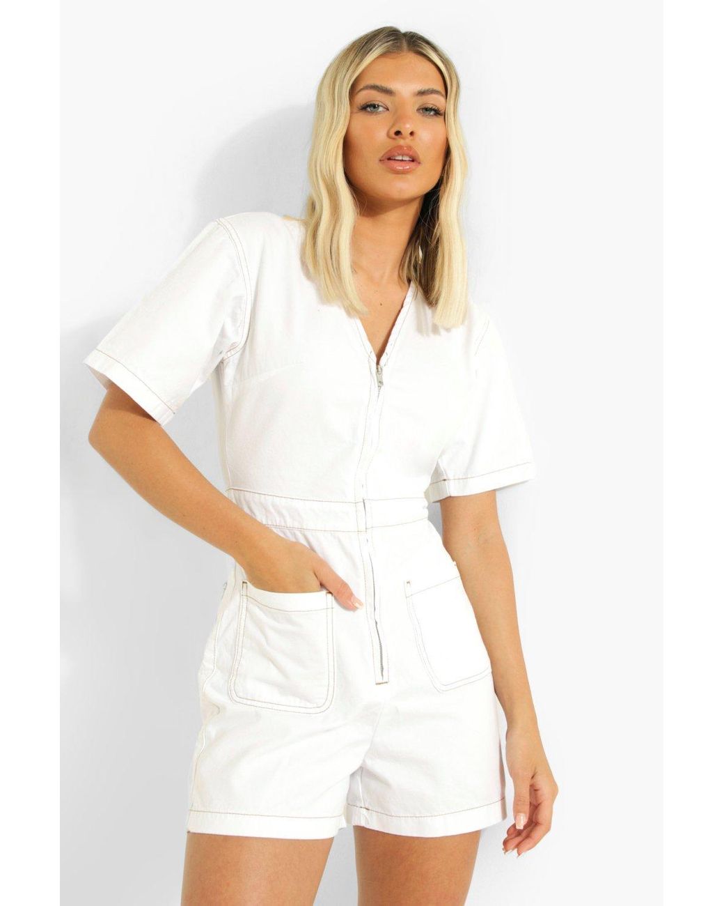 Boohoo Plunge Constrast Stitch Zip Up Denim Romper in White | Lyst