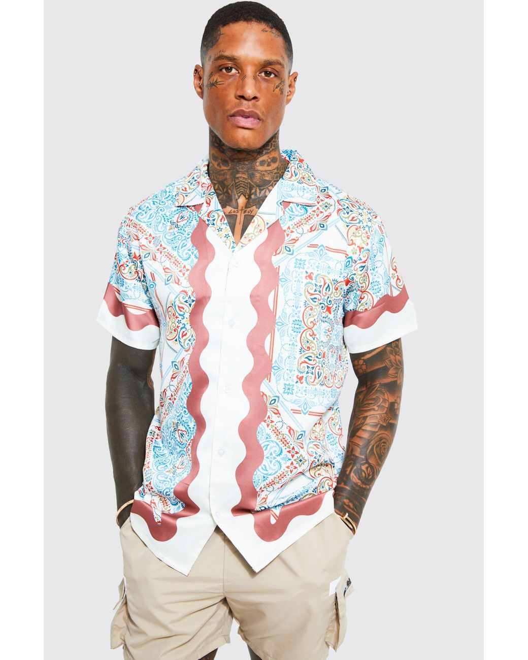 BoohooMAN Short Sleeve Bandana Wavy Satin Revere Shirt for Men | Lyst
