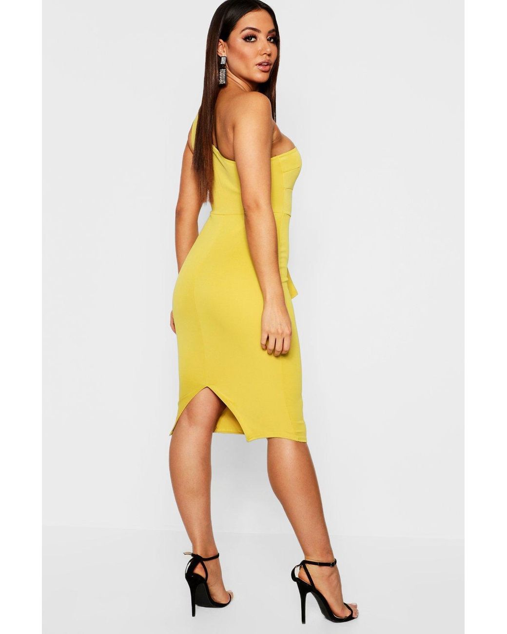 one shoulder pleated detail midi dress