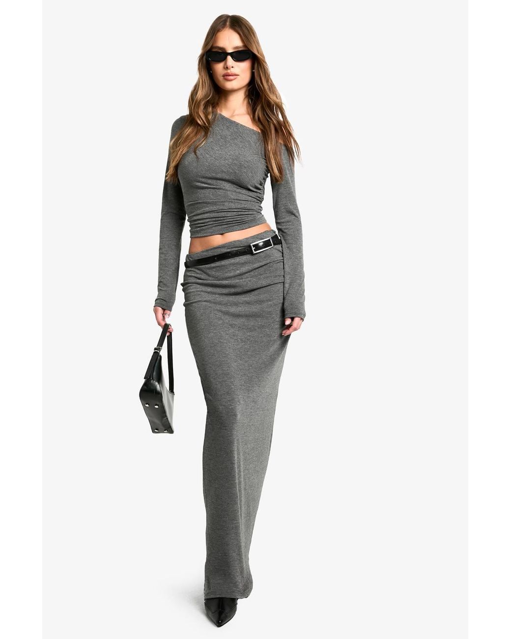 Boohoo Gray Basic Marl Coloumn Maxi Skirt