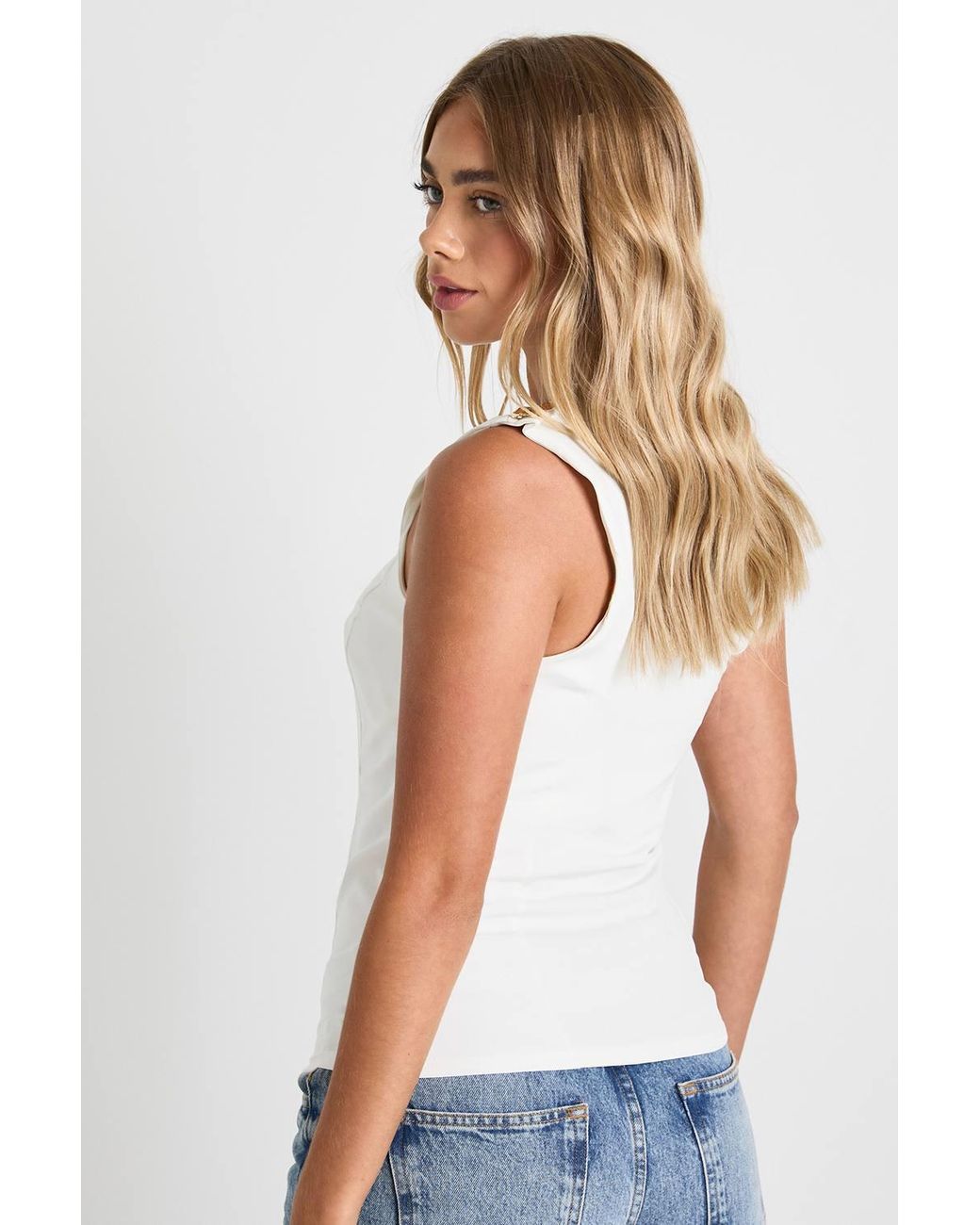 Boohoo White Button One Shoulder Top