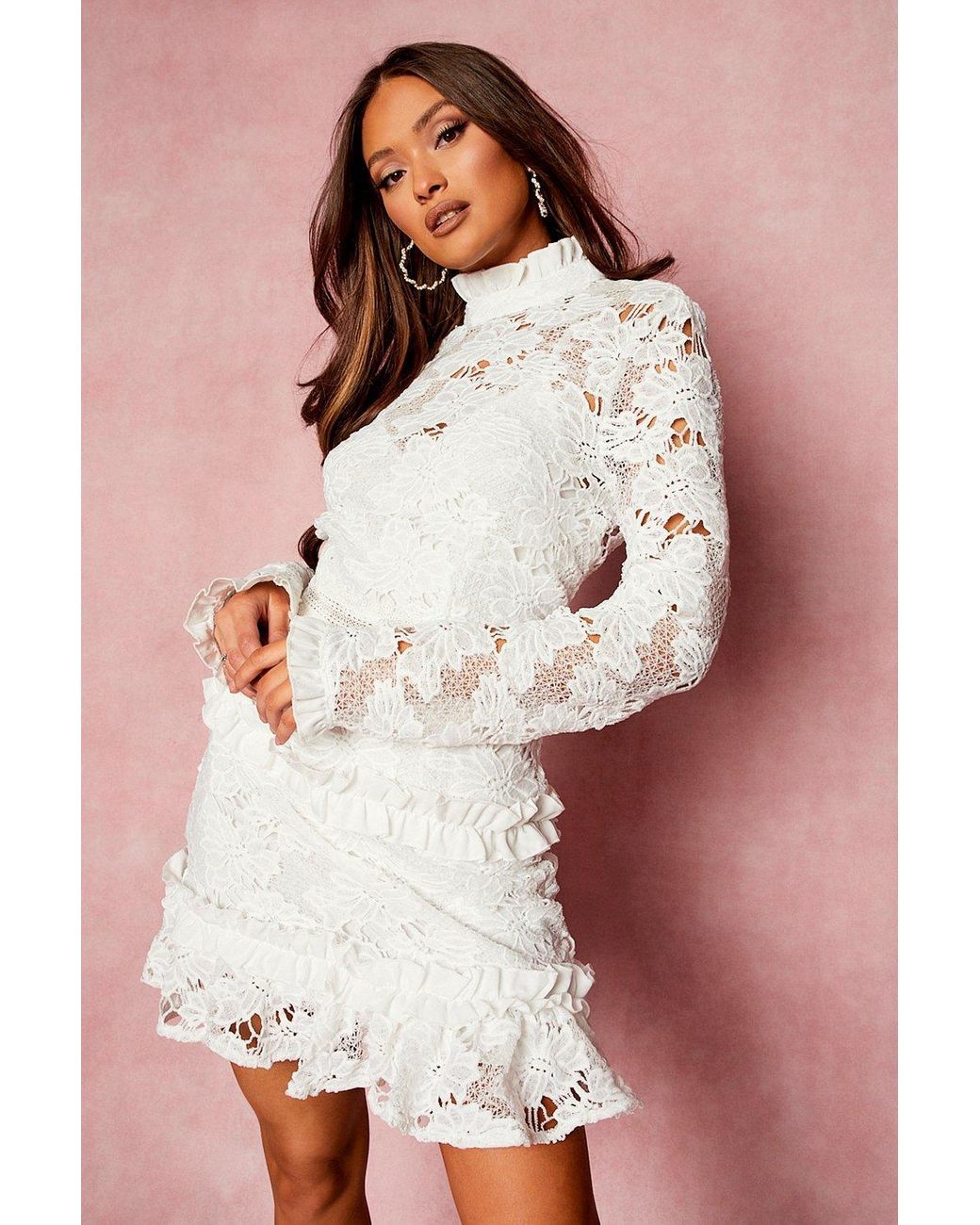 Boohoo Lace High Neck Long Sleeve Tiered Mini Dress in White | Lyst Canada